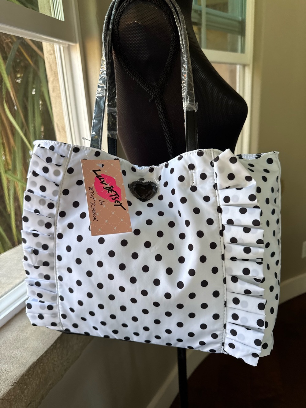 Betsey Johnson Black & White Polka Dot Ruffle Tote (NWT)
